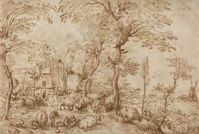 Bønder og storfe nær et gårdshus, ca. 1553-54 (penn og brunt blekk på papir) av Pieter Bruegel the Elder