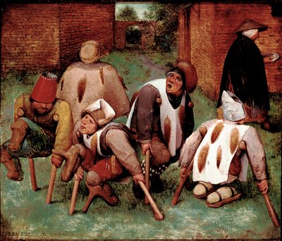 The estropies Gruppe av funksjonshemmede karakterer, butts-de-jatte (rumper). Maleri av Pieter Bruegel (eller Breugel eller Brueghel eller Breughel) dit l