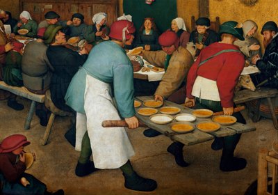 Bryllupsreisen detalj. Tallerkener på et brett. Maleri av Pieter Bruegel (eller Bruegel eller Brueghel eller Brueghel) sa førstnevnte (1525-1569) av Pieter Bruegel the Elder
