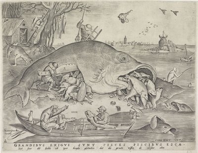 Store fisker spiser den små fisken, gravert av Pieter van der Heyden, 1557 av Pieter The Elder after Brueghel