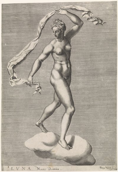 Diana som Luna på en sky Luna Noctis Domina (tittel på objekt) De syv planetene (tittel på objekt) av Pieter Valck
