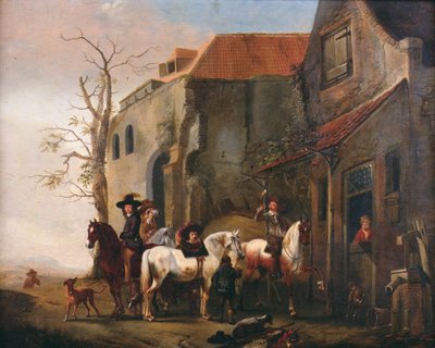 Ryttere og hester ved døren til et vertshus av Pieter Wouwermans or Wouwerman