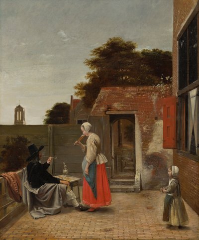 En mann som røyker og en kvinne som drikker på en gårdsplass, ca. 1658-60 av Pieter de Hooch