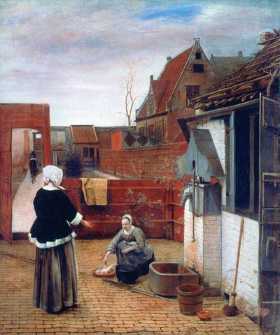 En kvinne og en hushjelp i en gårdsplass, c1660-1661 av Pieter de Hooch