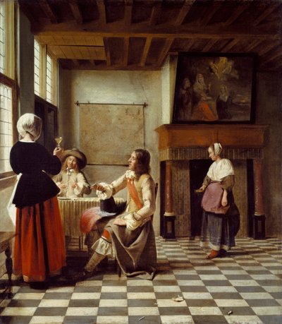 Et interiør, med en kvinne som drikker med to menn, og en tjenestepike av Pieter de Hooch