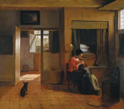 Innvendig rom med en mor som renser barnets hår, kjent som "Mors jobb" av Pieter de Hooch