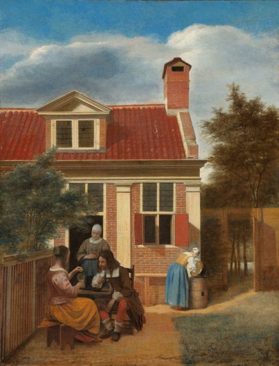 Figurer i en gårdsplass bak et hus Tre kvinner og en mann på gårdsplassen bak et hus av Pieter de Hooch