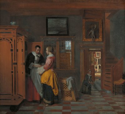 Interiør med kvinner ved siden av et linskap Interiør med kvinner ved siden av en linskrin av Pieter de Hooch