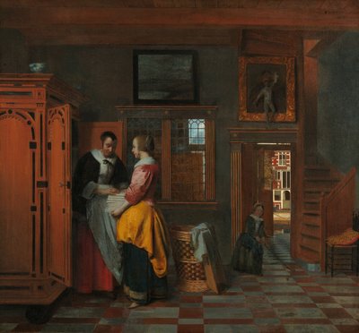 Interiør med kvinner ved siden av et linskap av Pieter de Hooch