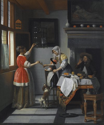 Interiør med et barn som mater en papegøye par Hooch, Pieter, de av Pieter de Hooch