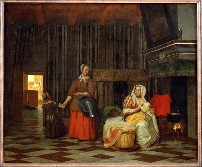 Interiør med mor som mater barnet sitt, og en hushjelp (olje på lerret) av Pieter de Hooch