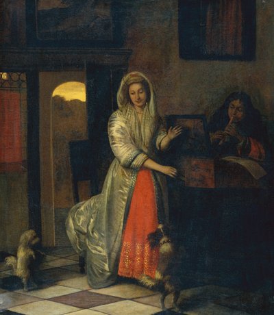 Lady and a Gentleman lager musikk med dansende hunder av Pieter de Hooch