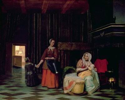 Kvinne med spedbarn, tjenestepike med barn av Pieter de Hooch