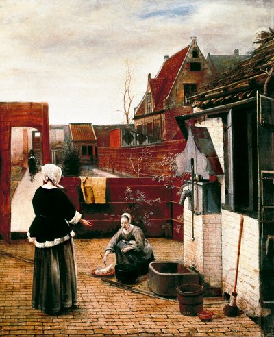 kvinne og hennes tjener i en domstol av Pieter de Hooch