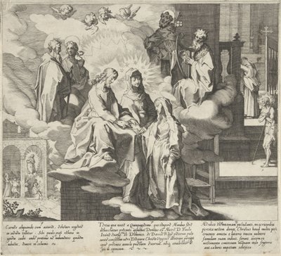 Catherine dukker opp / Catherines bryllup / Catherine deler kappen sin Scener fra Life and Miracles of Saint Catherine of Siena (serietittel) Vita mors gesta, et miracula quaedam selecta B. CATHERINAE SENENSIS (...) (serietittel) av Pieter de Jode (I)