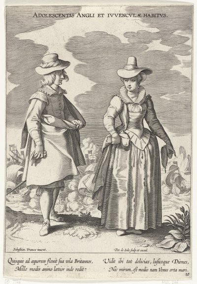 Paar, kledd i henhold til engelsk modus, ca. 1610 Ungdoms engelske og engelske vaner (tittel på objekt) Kostuums uit verschiedelden landen (serietittel) Ornaments of Various Nations (serietittel) av Pieter de Jode (I)