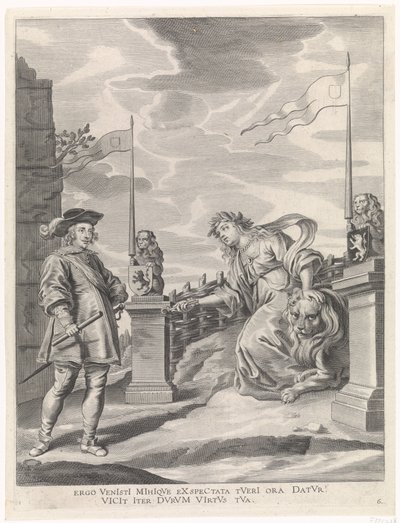 Ferdinand mottar nøklene til byen fra byjomfruen i Gent Gledelig inntreden av kardinal-barnet i Gent, 1635 (serietittel) av Pieter de Jode (II)