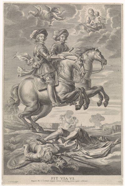 Ferdinand av Østerrike med Ferdinand, konge av Böhmen og Ungarn, på hesteryggen ved seieren ved Nördlingen Gledelig inntreden av kardinal-barnet i Gent, 1635 (serietittel) av Pieter de Jode (II)