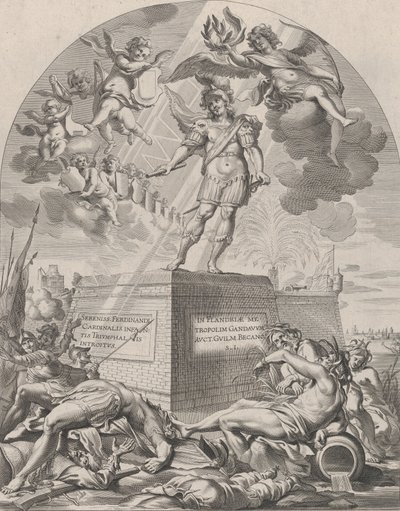 Plate 1: Ferdinand som Mars, stående på en sokkel, fra William Becanus 