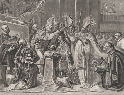 Plate 24: Charles V kronet til keiser av paven, fra William Becanus 'Serenissimi P..., 1636. av Pieter de Jode II