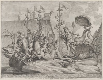 Plate 35: Filip av Spania som Neptun, rir i en vogn trukket av to sjøhester, fra Gu..., 1636. av Pieter de Jode II