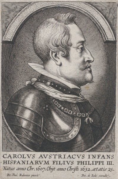 Portrait of Charles of Austria, Infante of Spain, in profile to the right, ca. 1650.    1158090   no       norwegian Successfully Translated  Original: P (letter shown by a hunting horn player) Translat: P (letter shown by a hunting horn player) 1406026 no av Pieter de Jode II