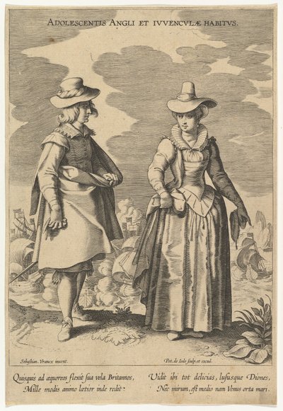 Ungdoms engelsk og unge kvinners holdninger, fra Fashions of Different Nations.n.d. av Pieter de Jode I