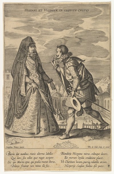Spanjoler og spanjoler i kjoledyrkelse, fra Fashions of Different Nations.n.d. av Pieter de Jode I