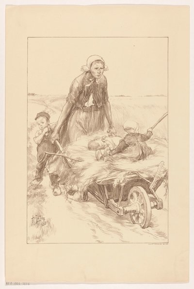 Bondekvinne skyver en trillebår med høy og to barn av Pieter de Josselin