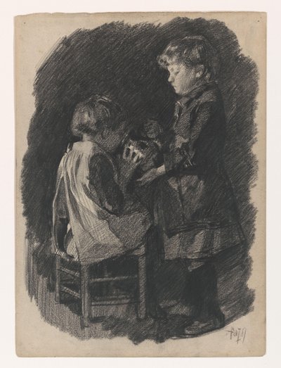 En liten jente får en søster til å drikke melk fra en kanne av Pieter de Josselin