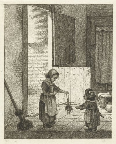 To jenter som leker med en dukke av Pieter de Mare