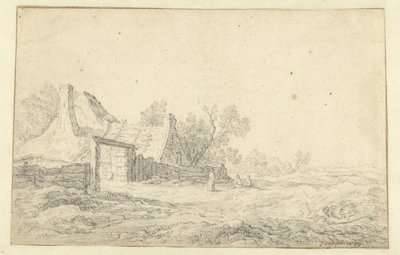 Klitlandskap med tre figurer foran en gård av Pieter de Neyn