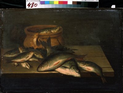 "Stilleben med fisker" Maleri av Pieter de Putter (ca. 1600-1659) Mikhail Kroshitsky kunstmuseum fra 1600-tallet, Sevastopol (Sevastopol) Ukraina av Pieter de Putter