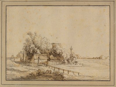 Figurer utenfor et vertshus, gårdsbygninger og stangen til et dueslag, utenfor Amsterdam av Pieter de With