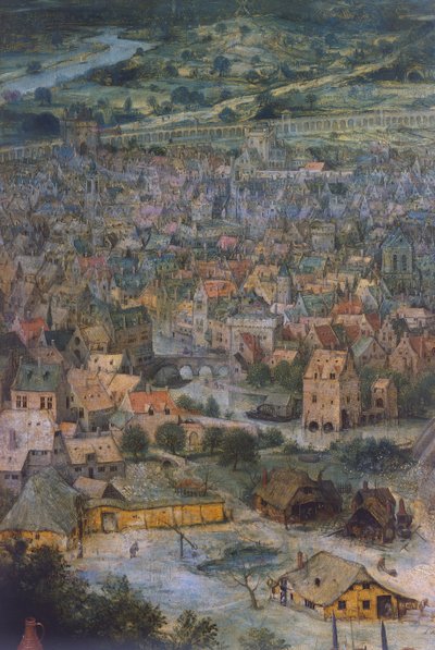 By, detalj fra Babelstårnet av Pieter Bruegel the Elder