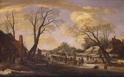 Et vinterelvelandskap med bønder og hestetrukne sleder av Pieter the Elder Molyn