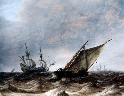 En Smalschip og en Man-of-War i hakkete hav (olje på panel) av Pieter the Elder Mulier