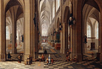Interiøret i en gotisk katedral med byfolk og pigrimer, 1647 av Pieter the Elder Neeffs