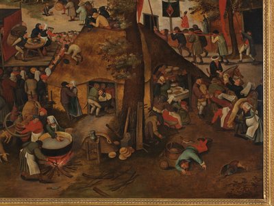 En landsbyfestival, med en teaterforestilling og en prosesjon til ære for St. Hubert og St. Anthony av Pieter Brueghel the Younger