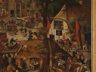 En landsbyfestival, med en teaterforestilling og en prosesjon til ære for St. Hubert og St. Anthony av Pieter Brueghel the Younger