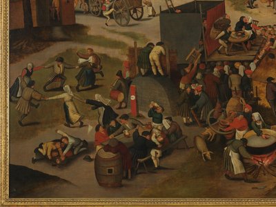 En landsbyfestival, med en teaterforestilling og en prosesjon til ære for St. Hubert og St. Anthony av Pieter Brueghel the Younger