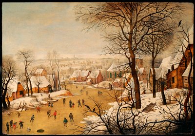 Et vinterlandskap med skatere og en fuglefelle av Pieter Brueghel the Younger