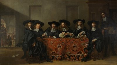 Seks regenter og husmesteren ved Oude Zijds Institute for the Outdoor Relief of the Poor, Amsterdam, 1675 av Pieter van Anraedt
