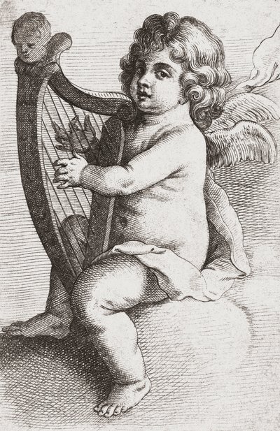 En barneengel som spiller harpe. av Pieter van Avont