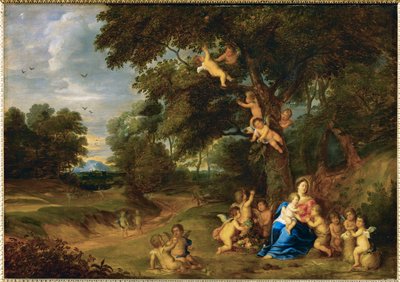 Den hellige Maria med Jesusbarnet, døperen Johannes og engler (maleri på eik) av Pieter van Avont