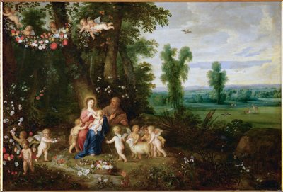 Den hellige familie med døperen Johannes og engler (maleri på kobber) av Pieter van Avont