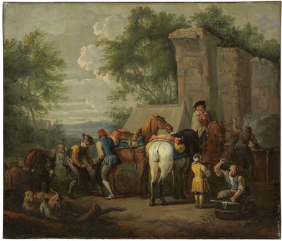 En militærsmed som skoer hester ved en ruin av Pieter van Bloemen
