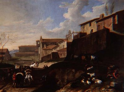 Capriccio-utsikt med kirker, hytter og reisende (olje) av Pieter van Bloemen