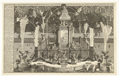 Fyrverkeri til ære for freden i Utrecht, 1713 Nederlandsk fredsfyrverkeri reist av Noble Groot Mogende Heeren-statene Holland og Vest-Friesland, avfyrt i elven til Haag (...) (tittel på objekt) av Pieter van Buysen jr.