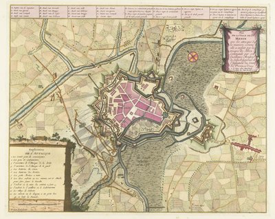 Kart van het beleg van Menen, 1706 Plan for byen Menin med angrepene (...) av troppene til de allierte (...). (tittel på objekt) av Pieter van Call (II)